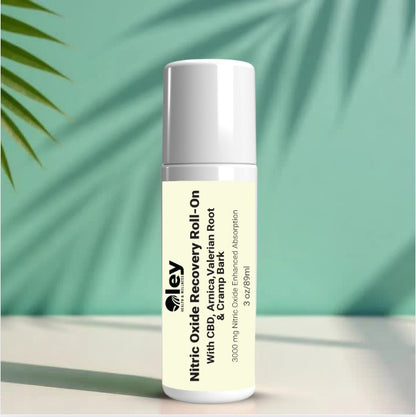 Roll-on bottle with a white cap and yellow label on a light green background