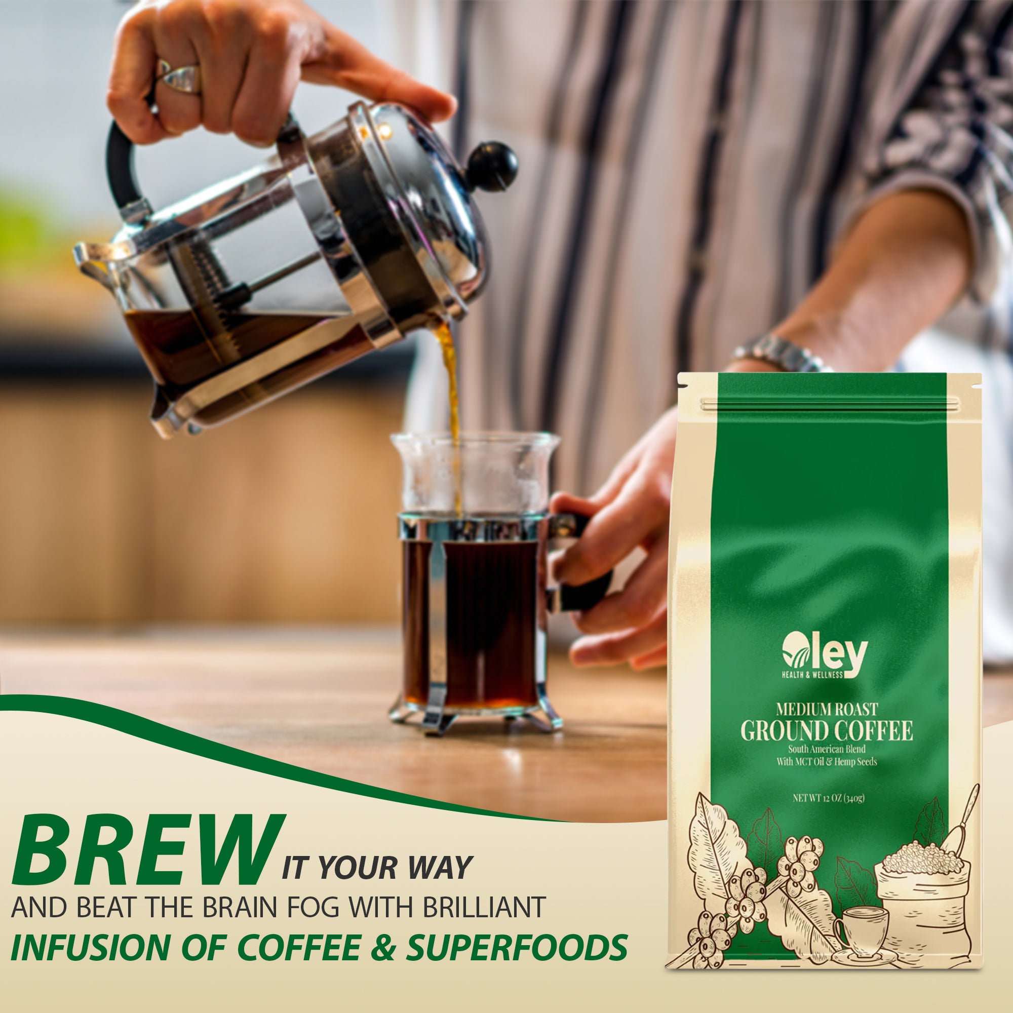 Medium Roast Ground Coffee with MCT Oil &amp; Hemp Seeds - Oley Health and Wellness